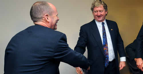 Gregory MP Vaughan Johnson shakes LNP leader Campbell ‘Can Do’ Newman’s hand, vowing the pair will work together to fight for regional Queensland. Gregory MP Vaughan Johnson shakes LNP leader Campbell ‘Can Do’ Newman’s hand, vowing the pair will work together to fight for regional Queensland.
